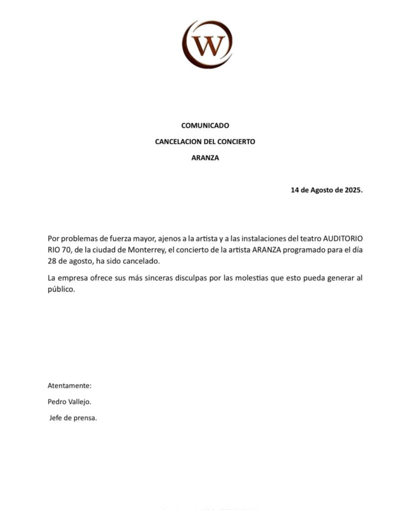 EVENTO CANCELADO ARANZA MONTERREY