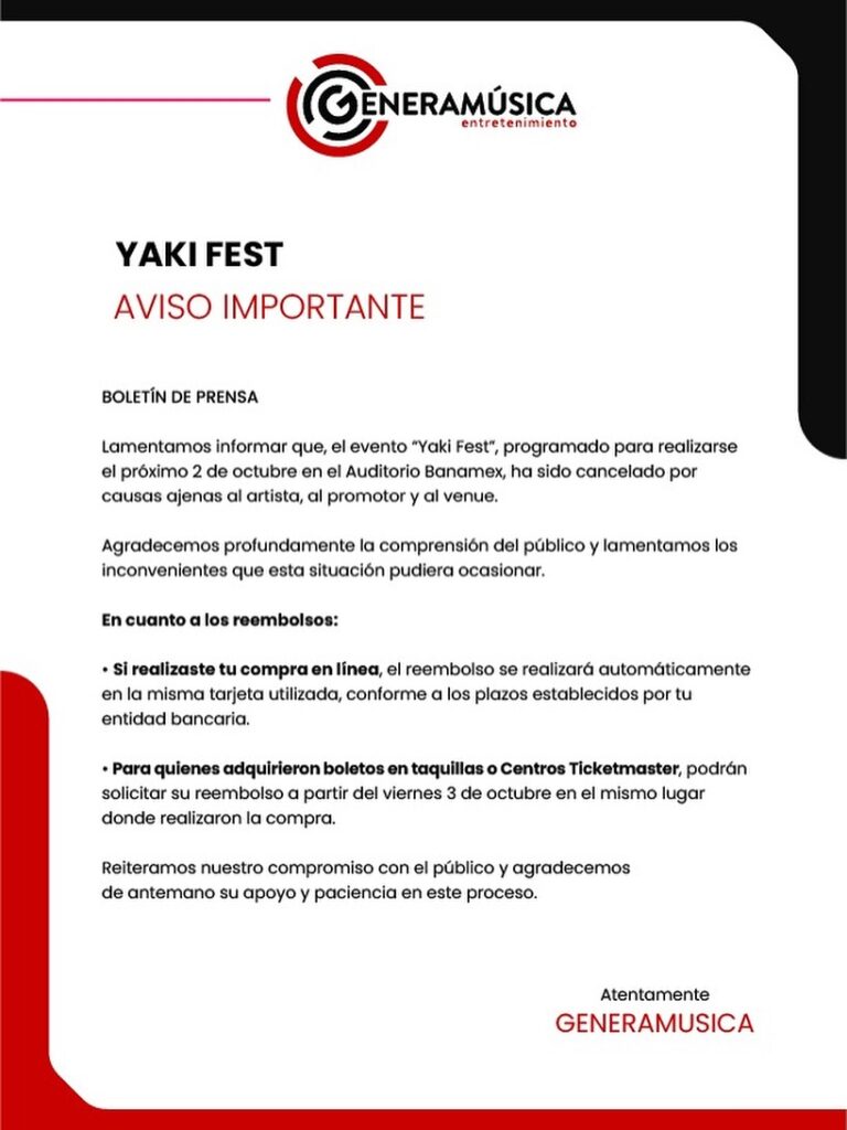EVENTO CANCELADO YAKIFEST TOUR EN MONTERREY 2025