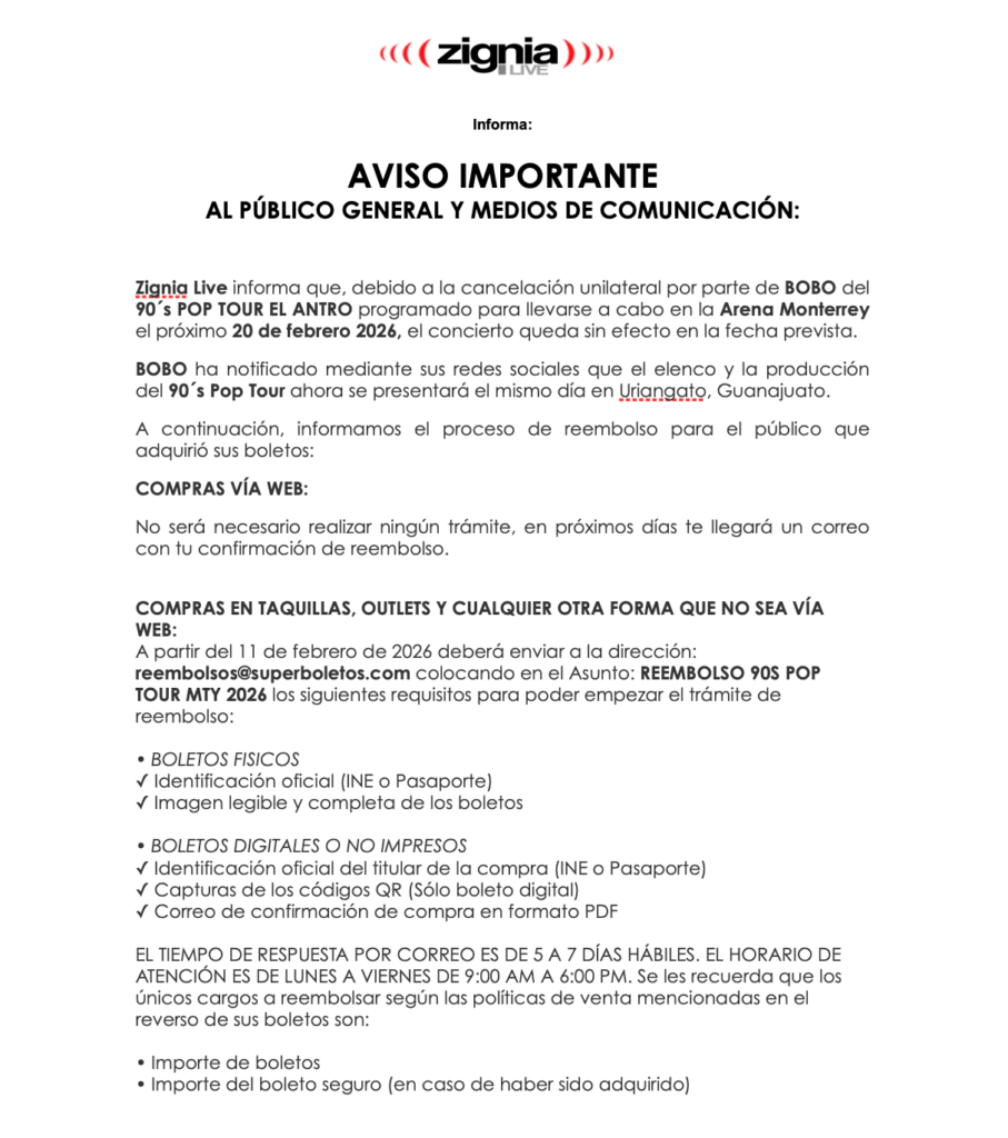 EVENTO CANCELADO 90S POP TOUR ARENA MONTERREY 2026