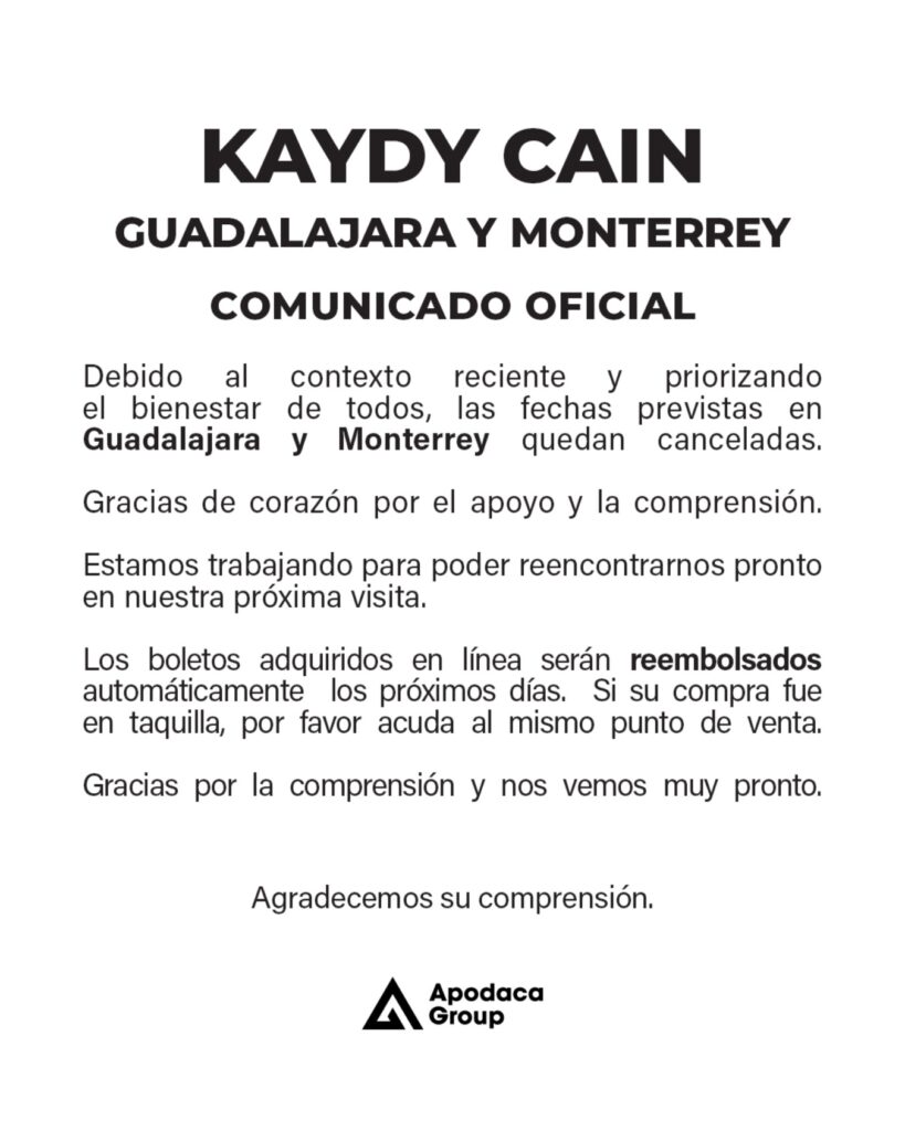EVENTO CANCELADO KAYDY CAIN MONTERREY 2026 SHOWCENTER COMPLEX