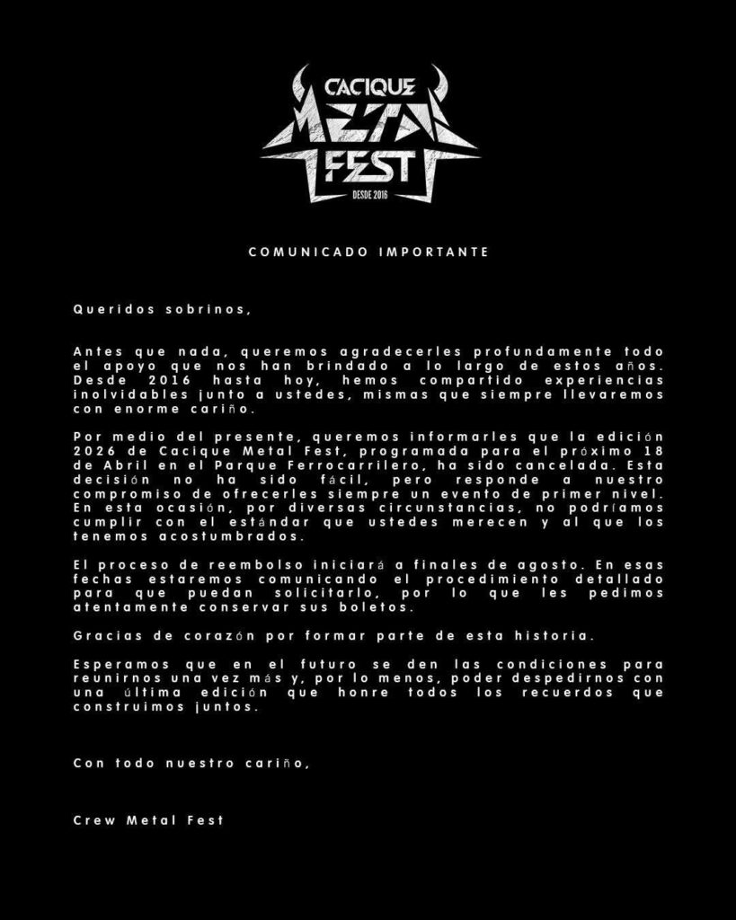 EVENTO CANCELADO CACIQUE METAL FEST 2026