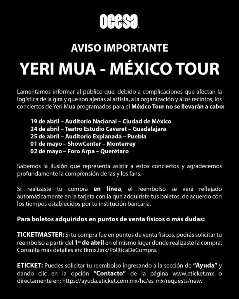 EVENTO CANCELADO YERI MUA MONTERREY 2026