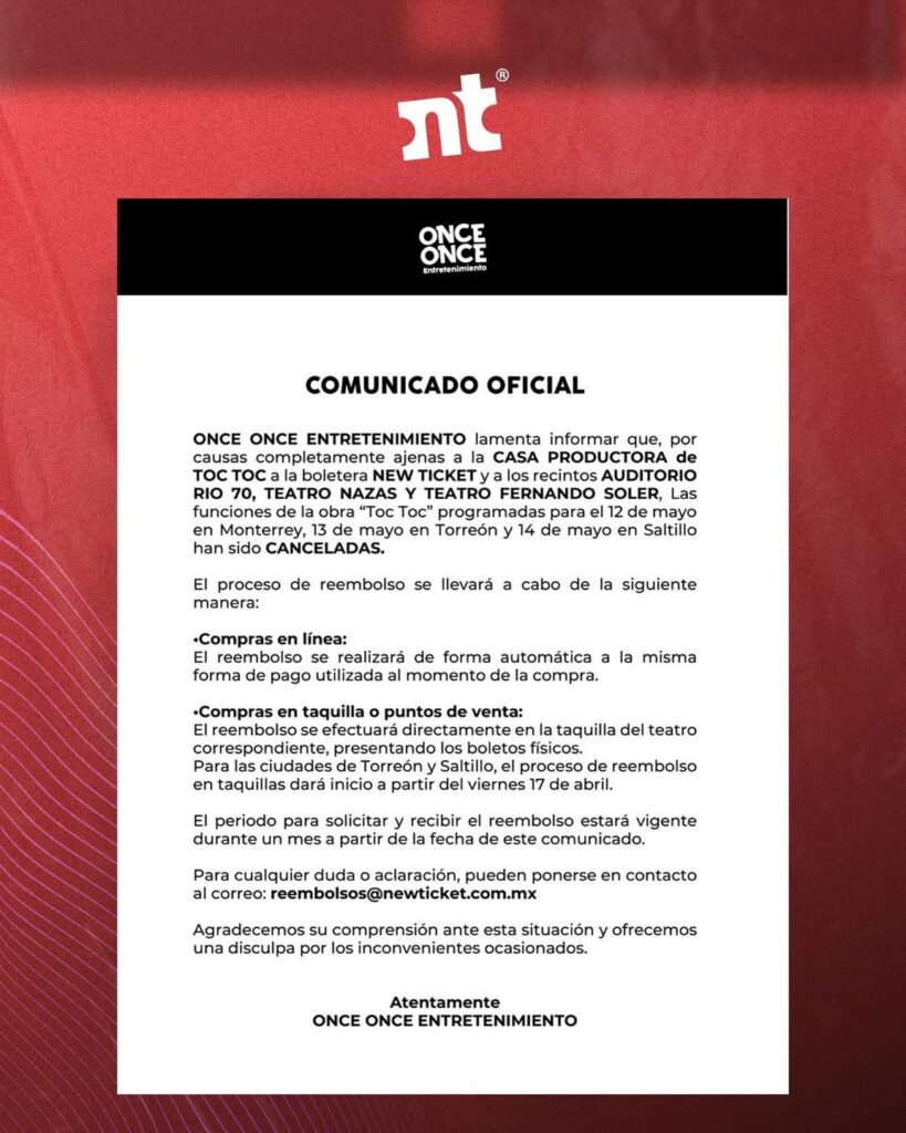 EVENTO CANCELADO TOC TOC MONTERREY 2026 AUDITORIO RÍO 70