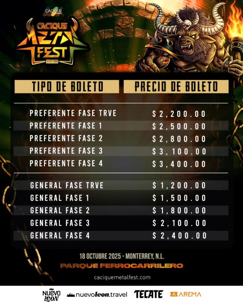 FASES Y PRECIOS DE BOLETOS CACIQUE METAL FEST 2025