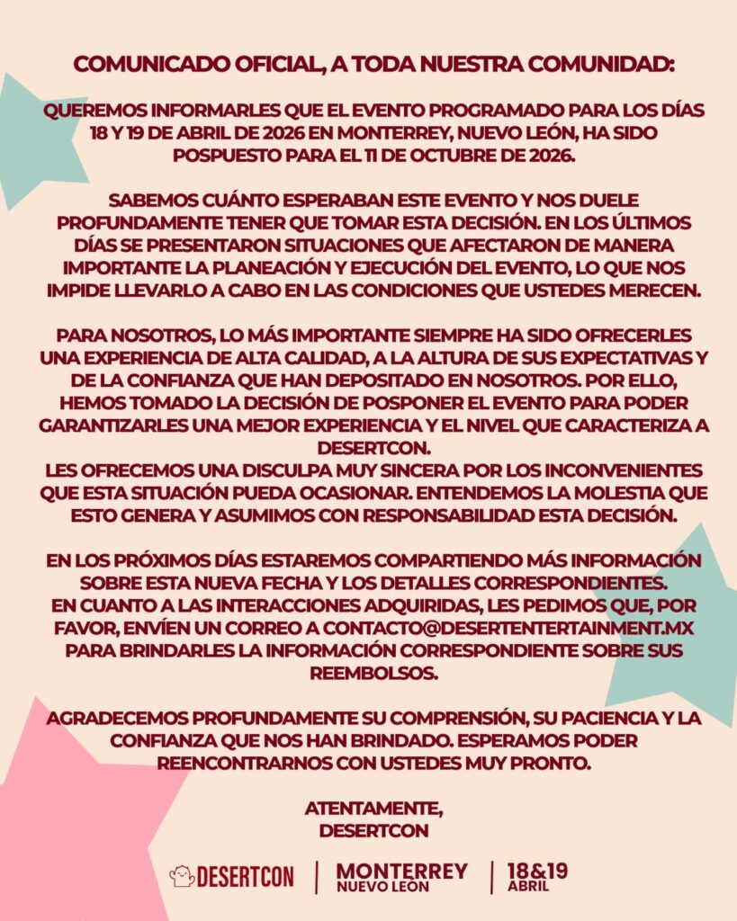 EVENTO POSPUESTO DESERTCON MONTERREY 2026
