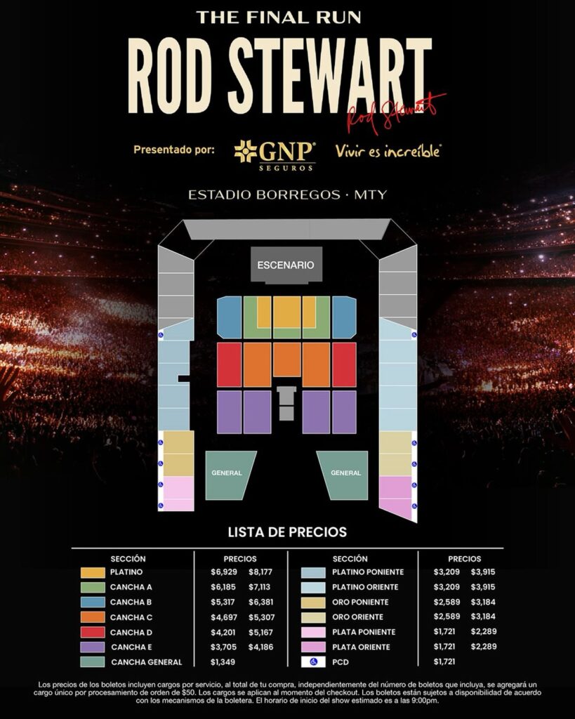 MAPA DE PRECIOS ROD STEWART MONTERREY 2026 ESTADIO BORREGOS