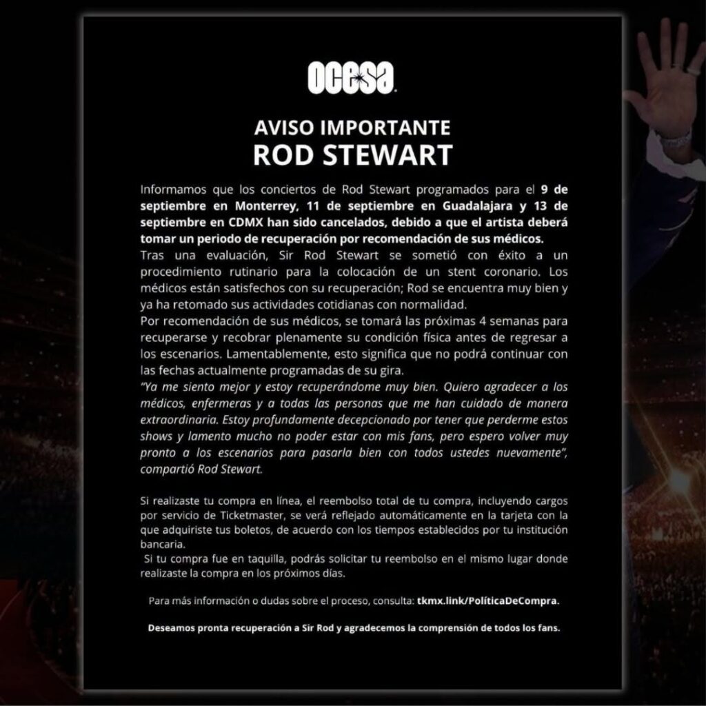 EVENTO CANCELADO ROD STEWART MONTERREY 2026 ESTADIO BORREGOS