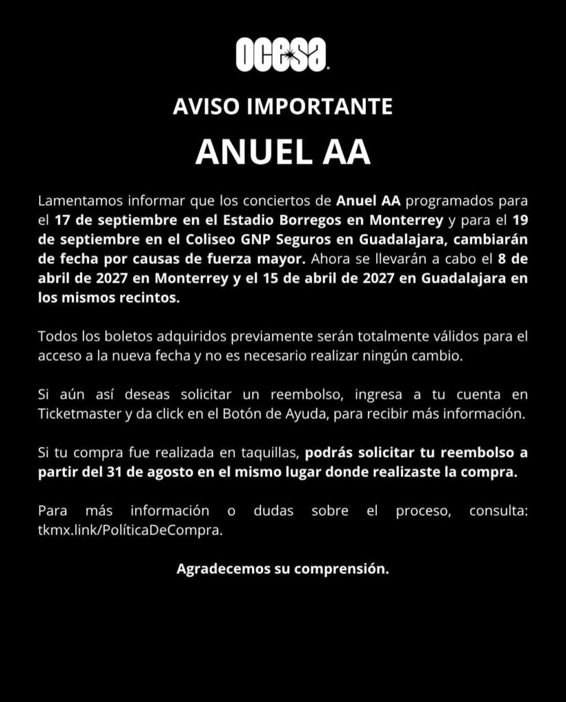 CAMBIO DE FECHA ANUEL AA MONTERREY 2027 ESTADIO BORREGOS
