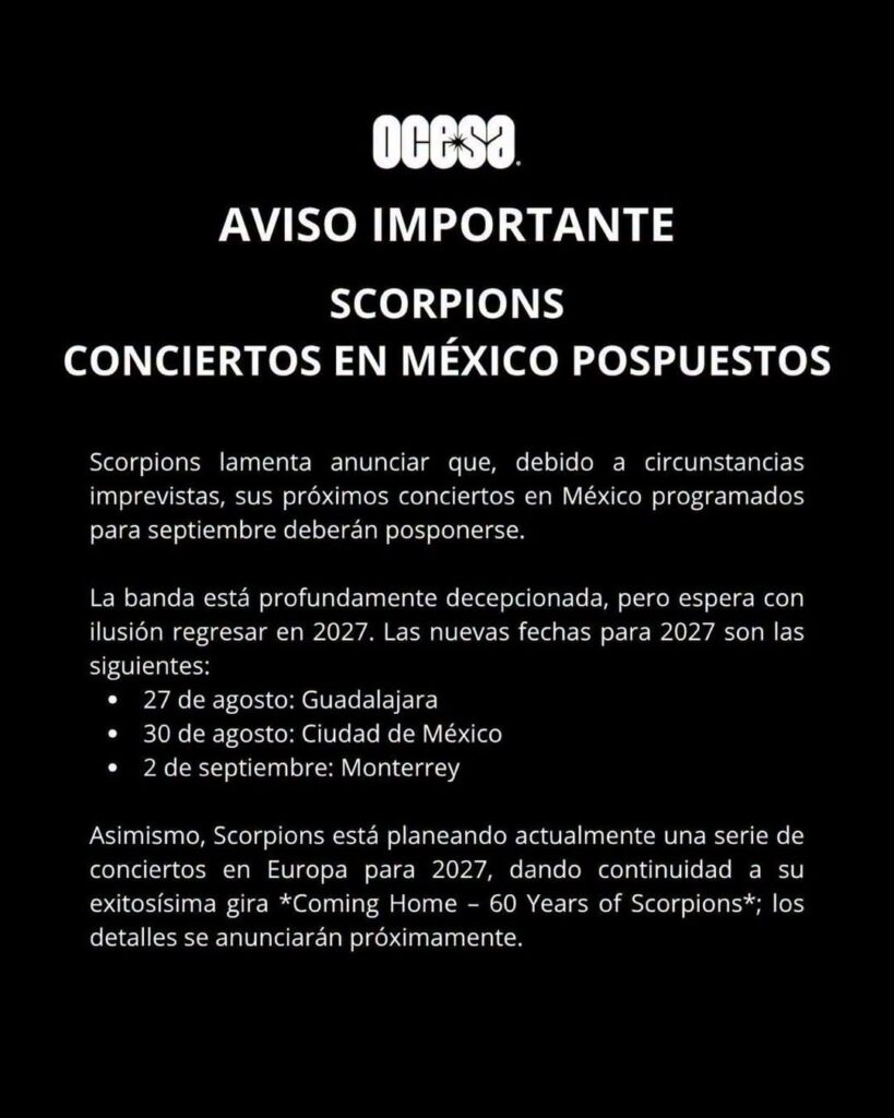 NUEVA FECHA SCORPIONS MONTERREY 2027 AUDITORIO BANAMEX