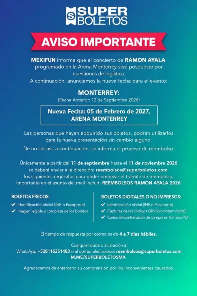NUEVA FECHA RAMON AYALA MONTERREY 2027 ARENA MONTERREY