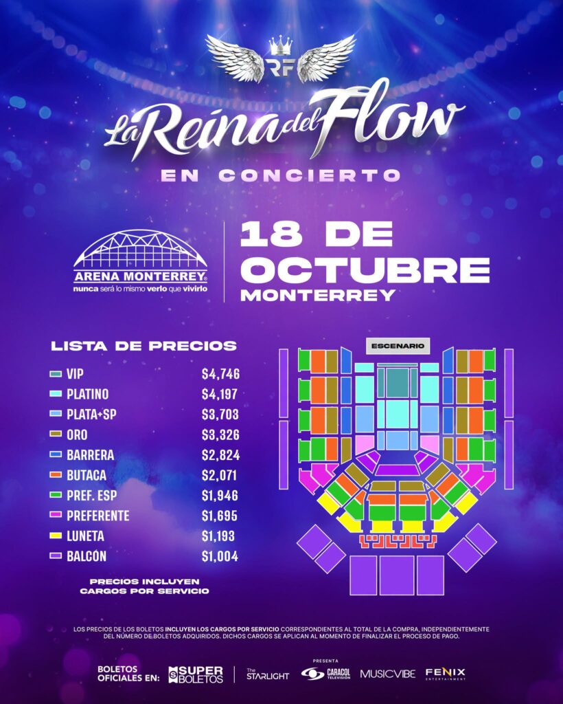 MAPA DE PRECIOS LA REINA DEL FLOW MONTERREY 2026 ARENA MONTERREY