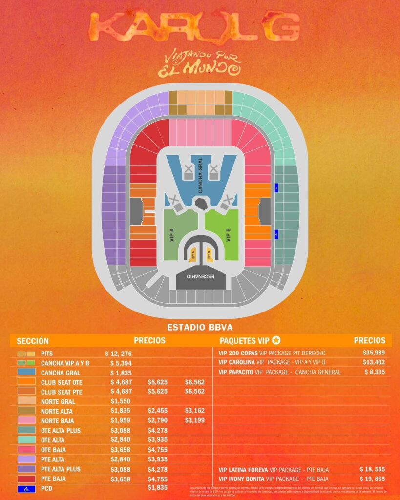 MAPA DE PRECIOS KAROL G MONTERREY 2026 ESTADIO BBVA