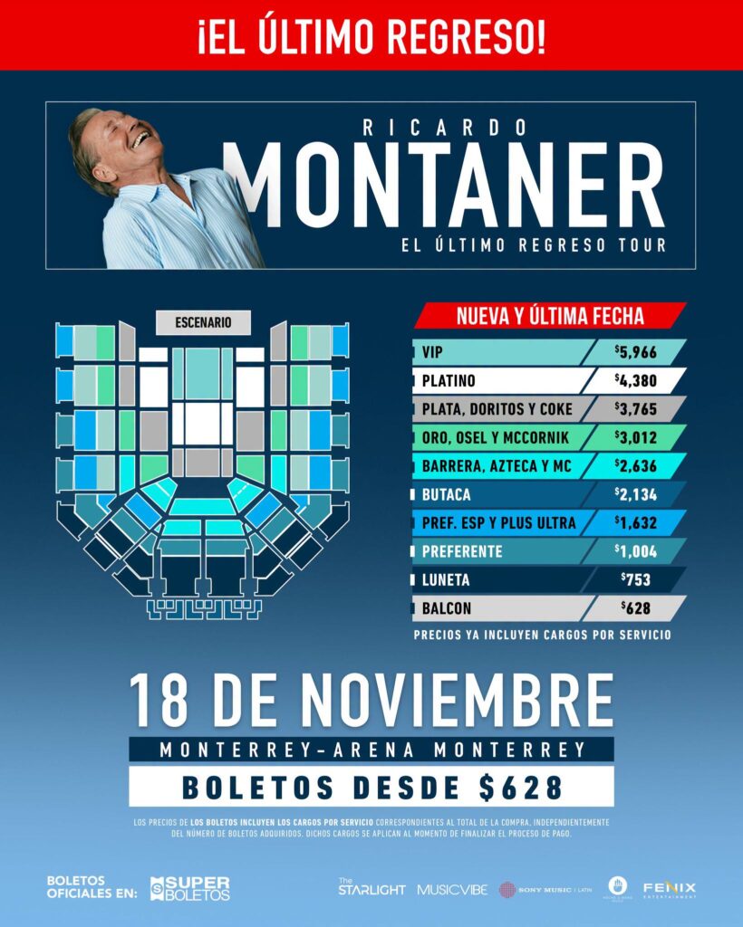 MAPA DE PRECIOS RICARDO MONTANER MONTERREY 2026 ARENA MONTERREY