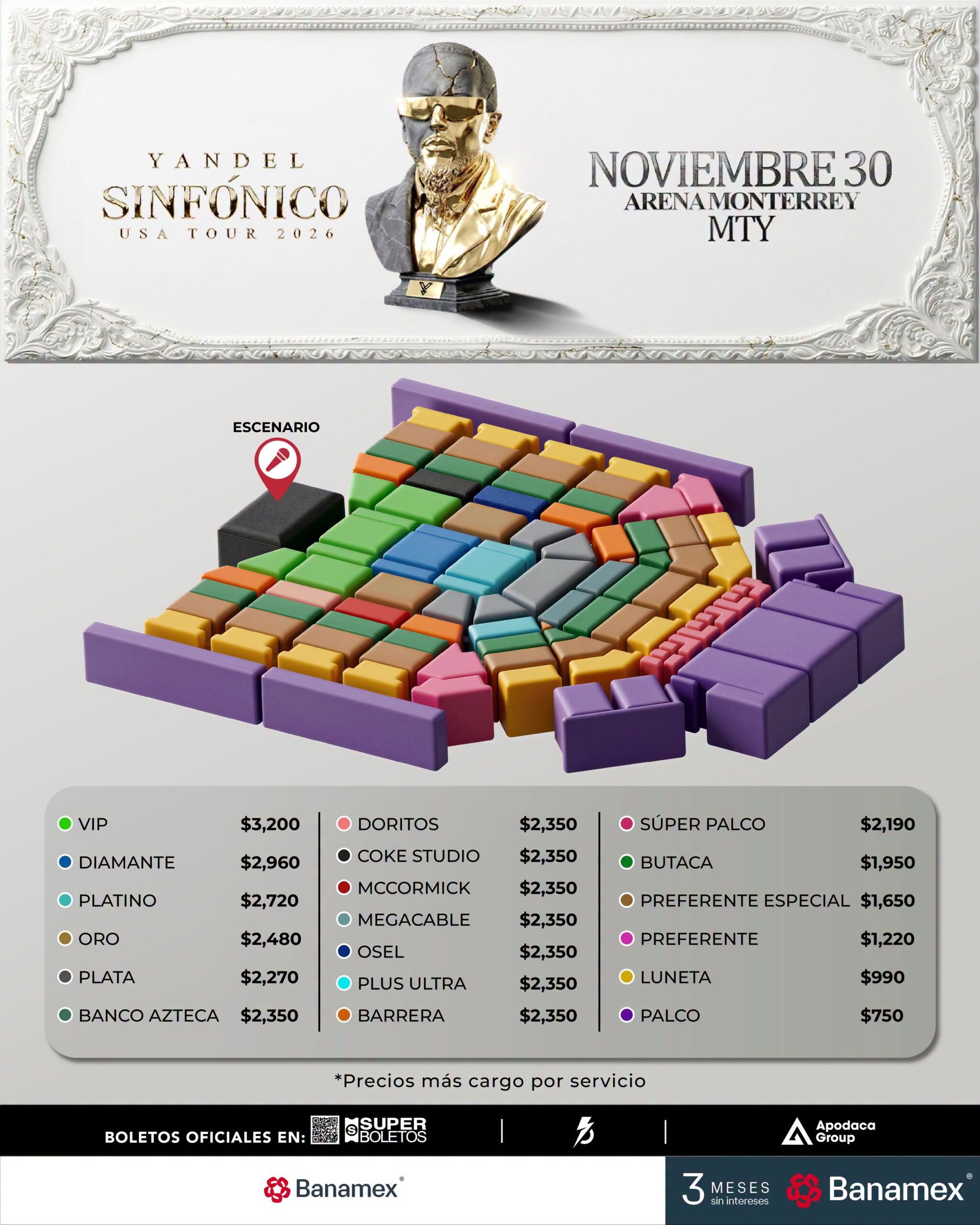 MAPA DE PRECIOS YANDEL SINFÓNICO MONTERREY 2026 ARENA MONTERREY