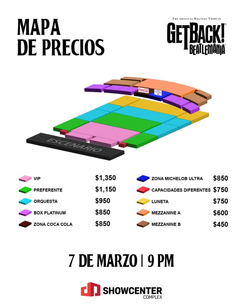MAPA DE PRECIOS GETBACK BEATLEMANIA MONTERREY 2026 SHOWCENTER COMPLEX