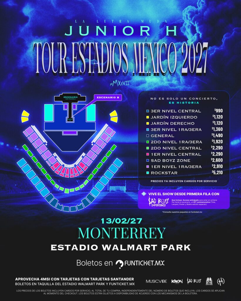 MAPA DE PRECIOS JUNIOR H MONTERREY 2027 WALMART PARK
