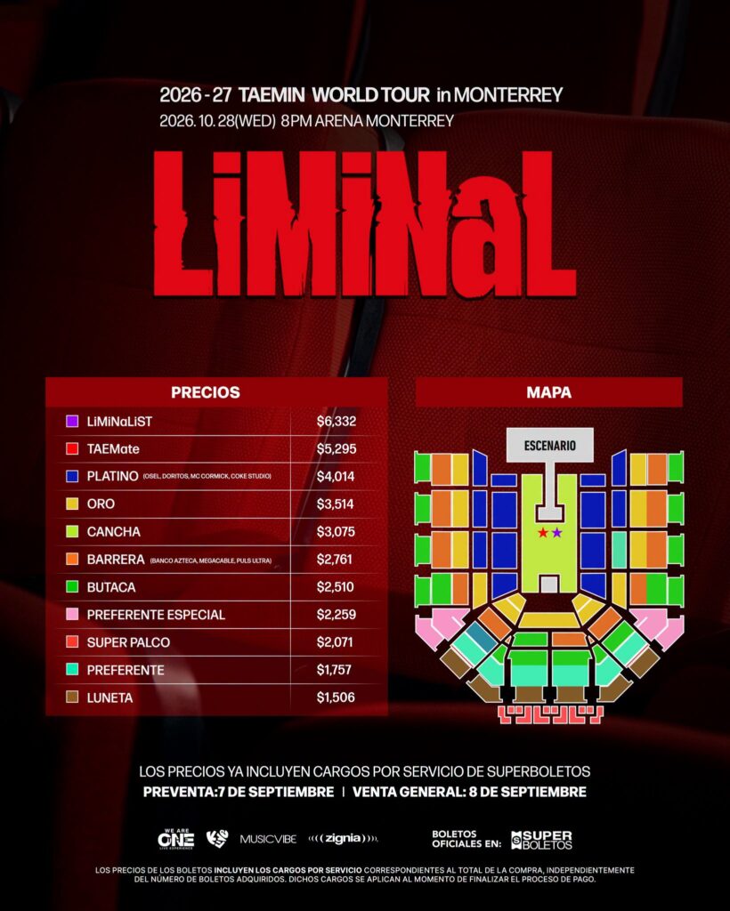 MAPA DE PRECIOS TAEMIN MONTERREY 2026 ARENA MONTERREY