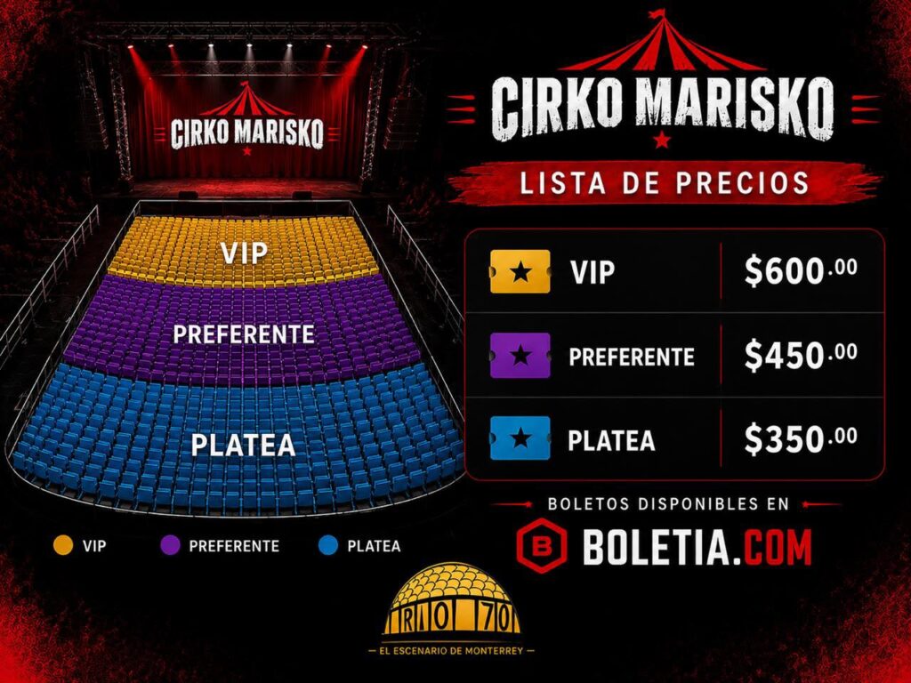 MAPA DE PRECIOS CIRKO MARISKO MONTERREY 2026 AUDITORIO RÍO 70